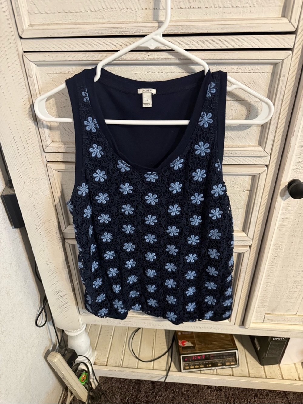 J. Crew Navy Crochet Tank with Light Blue Floral Appliqués
